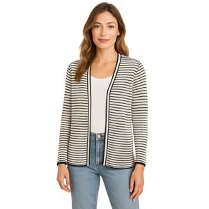NIC+ZOE Coastal Chic Textured Open Front Stripe Knit Cardigan Sweater‎ M Neutral